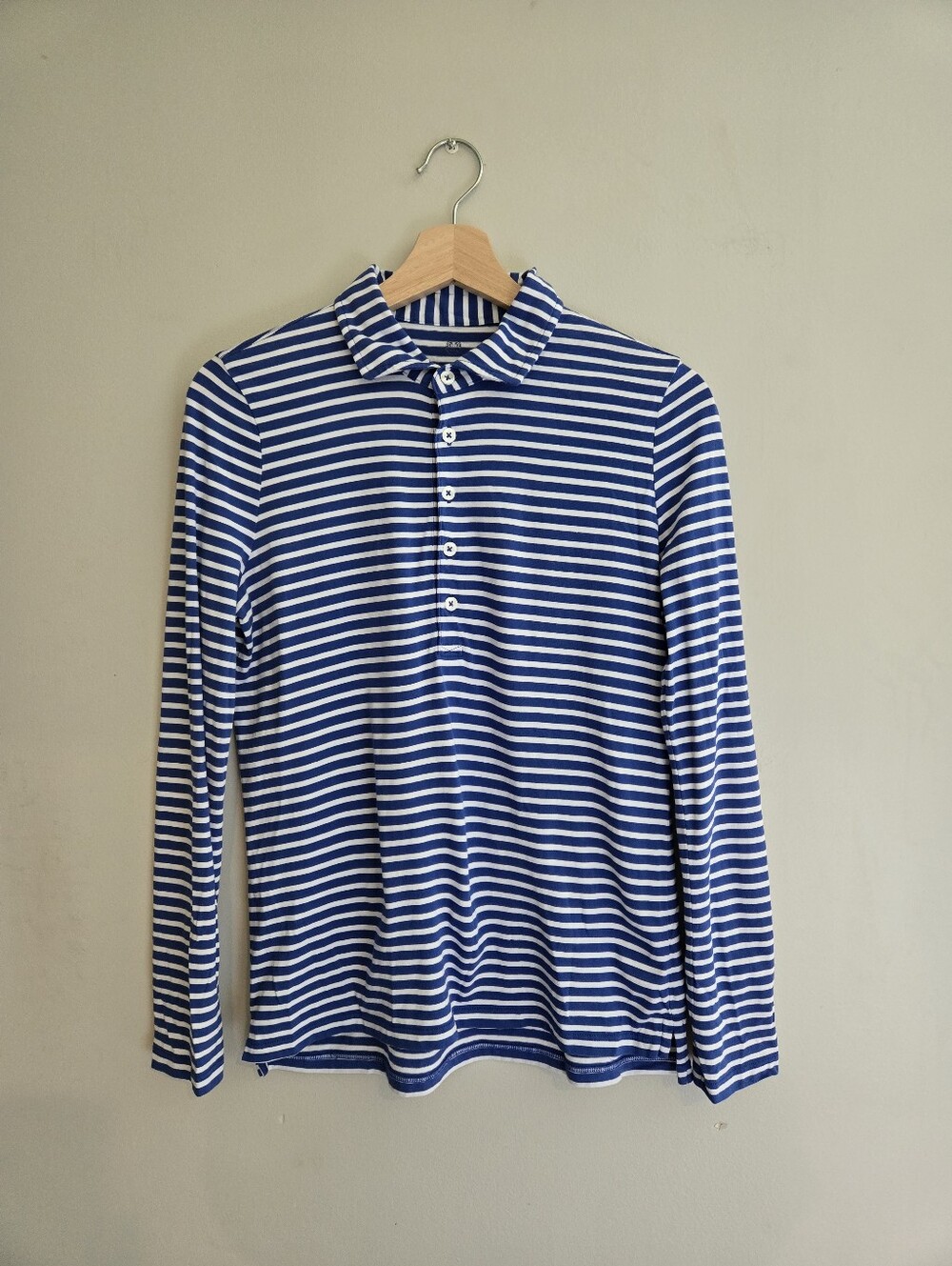 Renwick Pima Cotton Striped Long Sleeve Polo Top Blue White S Peru Nautical Soft